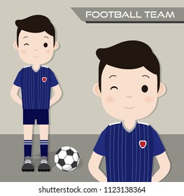 A Football Player is wearing a dark blue shirt with white stripe line and standing beside the ball. Vector isolate on brown shade background.