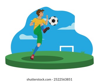 football player wearing green and yellow shirt, boy playing ball. vector illustration.