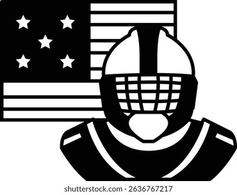 A football player is wearing a helmet and is standing in front of an American flag. Concept of patriotism and pride in the sport of football