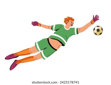 Football player wearing uniforms and gloves. Isolated goalie trying to catch ball. Footballer of last line of defense with quick reflexes to prevent goals. Goalkeeper in action. Vector in flat style