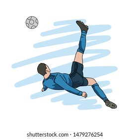 Football player while doing overhead kick. Hand drawn design, White isolated background