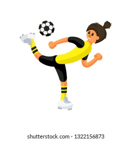 football player in yellow and black uniform hits the ball, scorpion kick in football, on white background