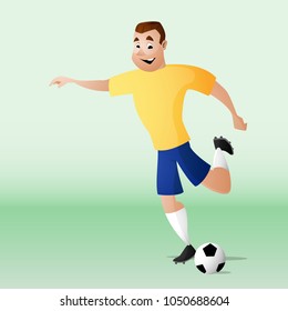 Football player in yellow blue uniform kicking the ball. Isolated from background. Drawn in a cartoon style.