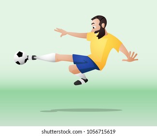 Football player in yellow blue uniform kicking the ball. Isolated from background. Drawn in a cartoon style.