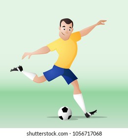 Football player in yellow blue uniform kicking the ball. Isolated from background. Drawn in a cartoon style.