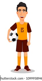 Football player in yellow and brown uniform. Handsome cartoon character holding soccer ball in hand. Vector illustration on white background. 