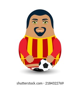 Jugador de fútbol. Un joven con barba y uniforme de fútbol con una pelota a sus pies. Diseñador inclinando juguete. Las muñecas kawaii modernas para su proyecto de negocios. Vector plano.