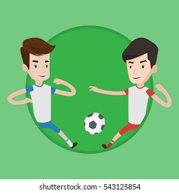 Football players in action during a champions league match. Two male soccer players fighting over control of ball at stadium. Vector flat design illustration in the circle isolated on background.