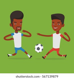 Football players in action during a champions league match. Two male soccer players fighting over control of ball during a football match at stadium. Vector flat design illustration. Square layout.