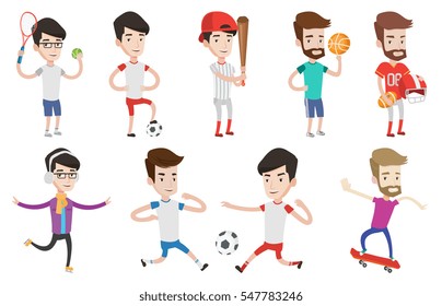Football players in action during a match. Football players fighting over control of ball. Sportsman standing with football ball. Set of vector flat design illustrations isolated on white background.