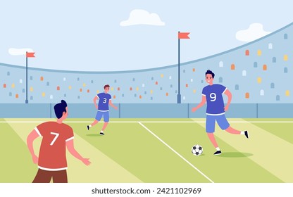 Futbolistas con bola en la ilustración vectorial del estadio. Deportistas jugando fútbol frente a una gran audiencia. Fútbol, equipo, campeonato, concepto de eventos deportivos