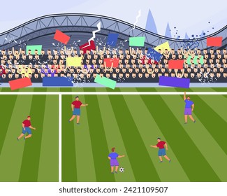 Futbolistas en el gran estadio de ilustración vectorial. Deportistas jugando fútbol frente a la audiencia. Hinchas deportivos animando. Fútbol, equipo, campeonato, concepto de eventos deportivos