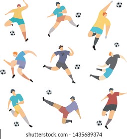 Football players cartoon big collection. Colofull characters of soccer players. Set of football players with balls.