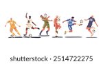 Football Players Characters Exhibiting Dynamic Poses And Kicking Soccer Balls Epitomizing Teamwork And Athleticism