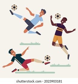Football players collection. Soccer player flat set. Team characters in uniform. Animation movement or training. Sport clothes. Ball dribble, athlete. Vector illustration.
