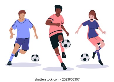 Football players collection. Soccer player flat set. Team characters in uniform. Animation movement or training. Sport clothes. Ball dribble, athlete. Vector illustration.