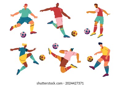 Colección de futbolistas. Juego plano del jugador de fútbol. Caracteres de equipo con uniforme. Movimiento de animación o entrenamiento. Ropa deportiva. Ball dribble, atleta. Ilustración vectorial.