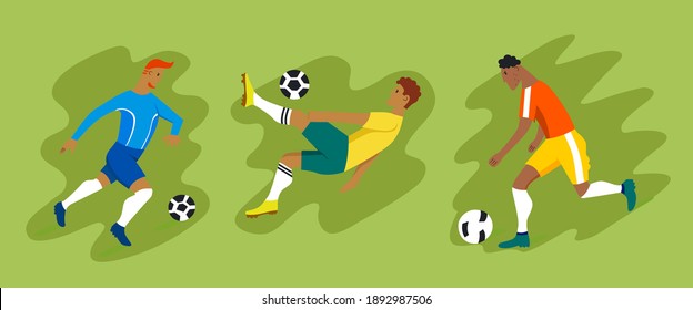 Football players in different poses. Vector set of icons. Male athletes run, jump, score a goal. American football players. Vector illustrations in modern flat style.