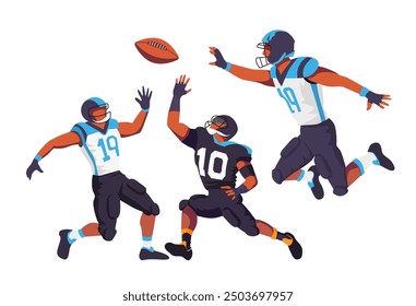 Football players are engaged in a dynamic play, with one jumping to catch a pass while two others defend on the field.