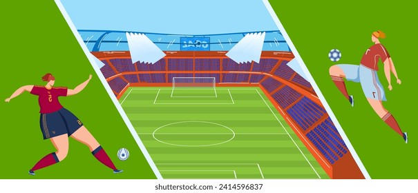Football players football field soccer ball, character team, man form game, athlete stadium design vector illustration. Sport match, stadium large number people, champion background professional.