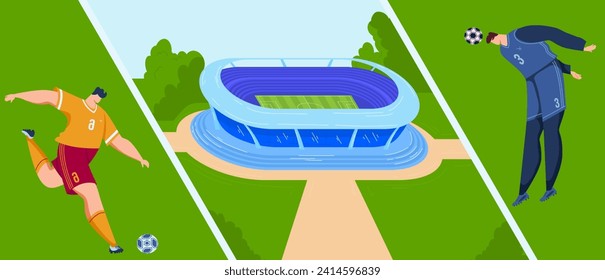 Football players football field soccer ball, character team, man form game, athlete stadium design vector illustration. Sport match, stadium large number people, champion background professional.