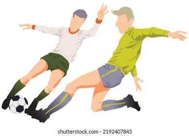 Football players fight for ball. Men playing soccer. Funny people. Illustration concept template for website, web landing page, banner, presentation, social, poster, promotion or print media.