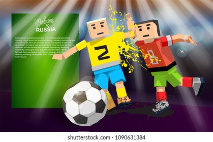 football players fight for the ball on the field. Soccer player against the background of the stadium 