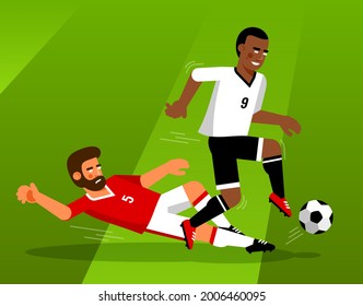 Football players fight for the ball. Football players - tackle in the game. Vector illustration.