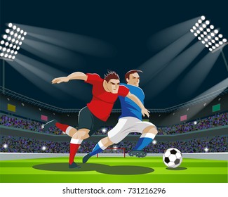 Football players are fighting for the ball in stadium. Light, stands, fans. Vector Illustration