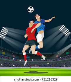 Football players are fighting for the ball in stadium. Light, stands, fans. Vector Illustration