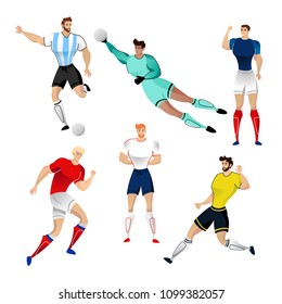 Football players from France, Argentina, England, Spain, Colombia and Russia isolated on a white background. Colorful  illustration of soccer players. Vector illustration of goalkeeper.