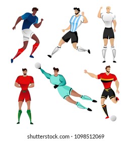 Football players from France, Argentina, Germany, Spain, Portugal and Belgium isolated on a white background. Colorful  illustration of soccer players. Vector illustration of goalkeeper.