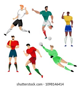 Football players from Germany, Mexico, Brazil, Spain, Portugal and Russia isolated on a white background. Colorful  illustration of soccer players. Vector illustration of goalkeeper.