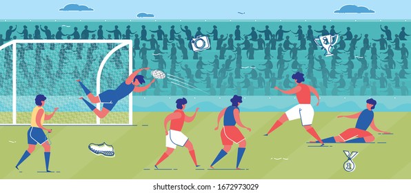 Football Players and Goalkeeper Character in Uniform Flat Cartoon Vector Illustration. Man Trying to Catch Ball Flying into Goal. Active and Healthy Lifestyle. Team Playing Soccer on Grass Field.