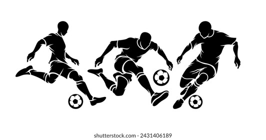 Football players, group of football players. Set of Football players isolated vector silhouettes. Ink drawing. Sports team