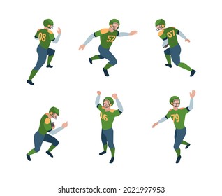 Football players. Isometric sport characters american football players running jumping standing holding ball garish vector 3d persons in dynamic pose