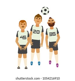 Football players jumping for ball. Vector illustration of adult football players jumping for hitting the ball with heads isolated on white.