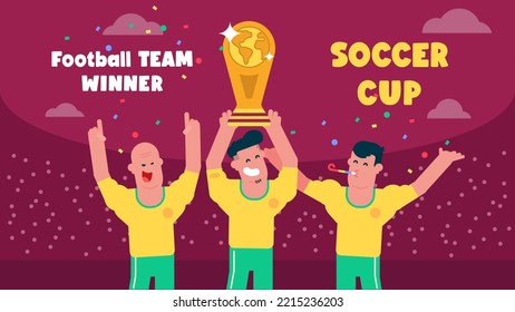 Football players Lifting Soccer Trophy, Celebrating winning Victory, Football competition symbol, Flat Avatar illustration