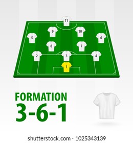 Football players lineups, formation 3-6-1. Soccer half stadium.
