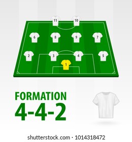 Football players lineups, formation 4-4-2. Soccer half stadium.