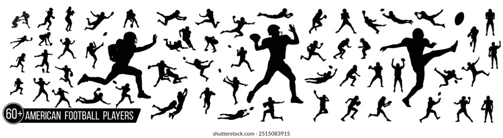 Football players. Male, female and kids American football player silhouette set.