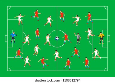 Football players on a green field. Soccer players on different positions playing football on a stadium. Spectacular sport. Colorful flat style illustration. vector illustration