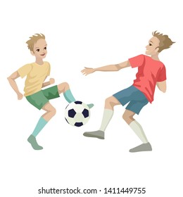Football players play with the ball. Doing sports, caught the ball. Vector illustration