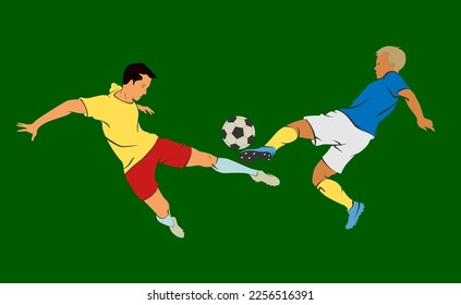 Football players playing with the ball. Vector illustration of football players playing with the ball on the green field. Sketch for creativity.