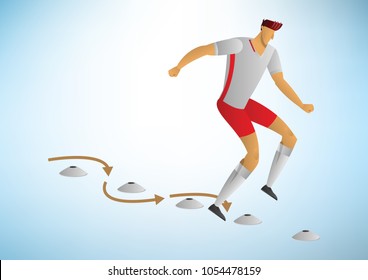 Football players practice drills around the cone. vector illustration.