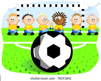 Football players are preparing for the penalty. Ball. Gates. Football field. Vector cartoon drawing. Jokes.