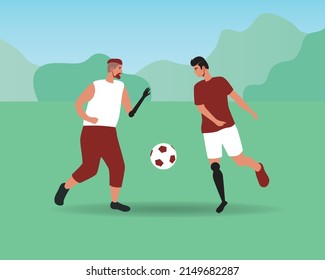 Football players with prosthetic arms and legs play football in park. Flat vector stock illustration. Concept of sports activity. Hobbies or leisure activities of inclusive people