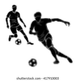 Football players silhouettes with ball. Vector illustration. Isolated in white. Half tone effect.