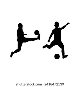 Football players silhouettes, vector pack, different poses set. Football Player Silhouette Bundle, Football Player Vector Silhouette Collection. Soccer player kicks the ball.