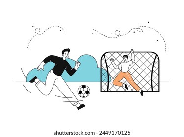 Football players simple. Men with ball and goal. Active lifestyle and sports. Match and sportive event. Competition and tournament. Linear flat vector illustration isolated on white background